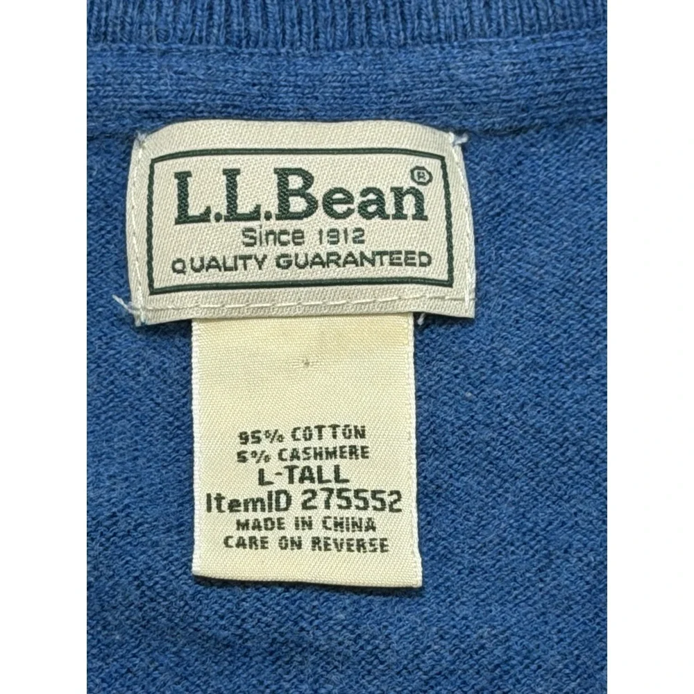LL Bean Sweater Mens Large Tall Blue Cotton Cashmere V Neck Pullover